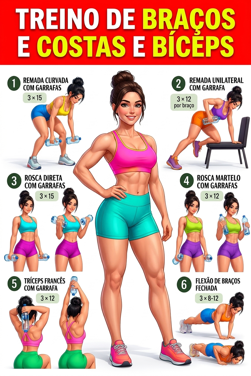 Ficha De Treinos Passo A Passo Dos Exercícios Para Braços, Costas E Bíceps Com Garrafas Pet De Água!